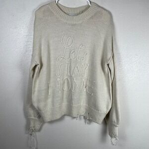 Wildfox Lets Stay Home Distressed Cream Wool‎ Alpaca Blend Sweater Medium